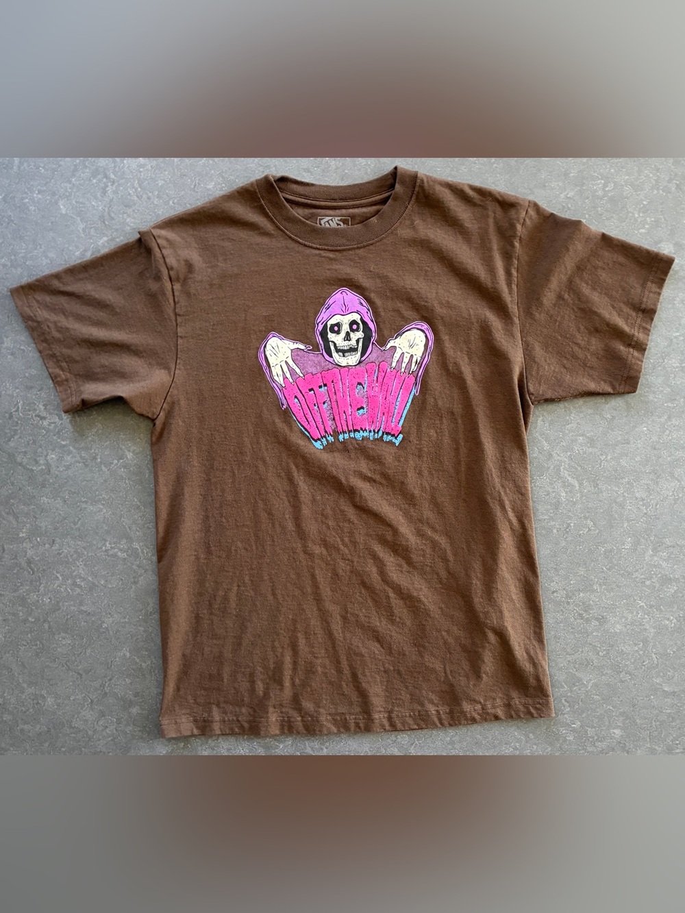Vans Brown Short Sleeve Tee with Pink Skull Graphic